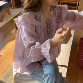 香芋紫衬衫2023新款春季法式设计感喇叭袖荷叶边系带上衣雪纺衬衣