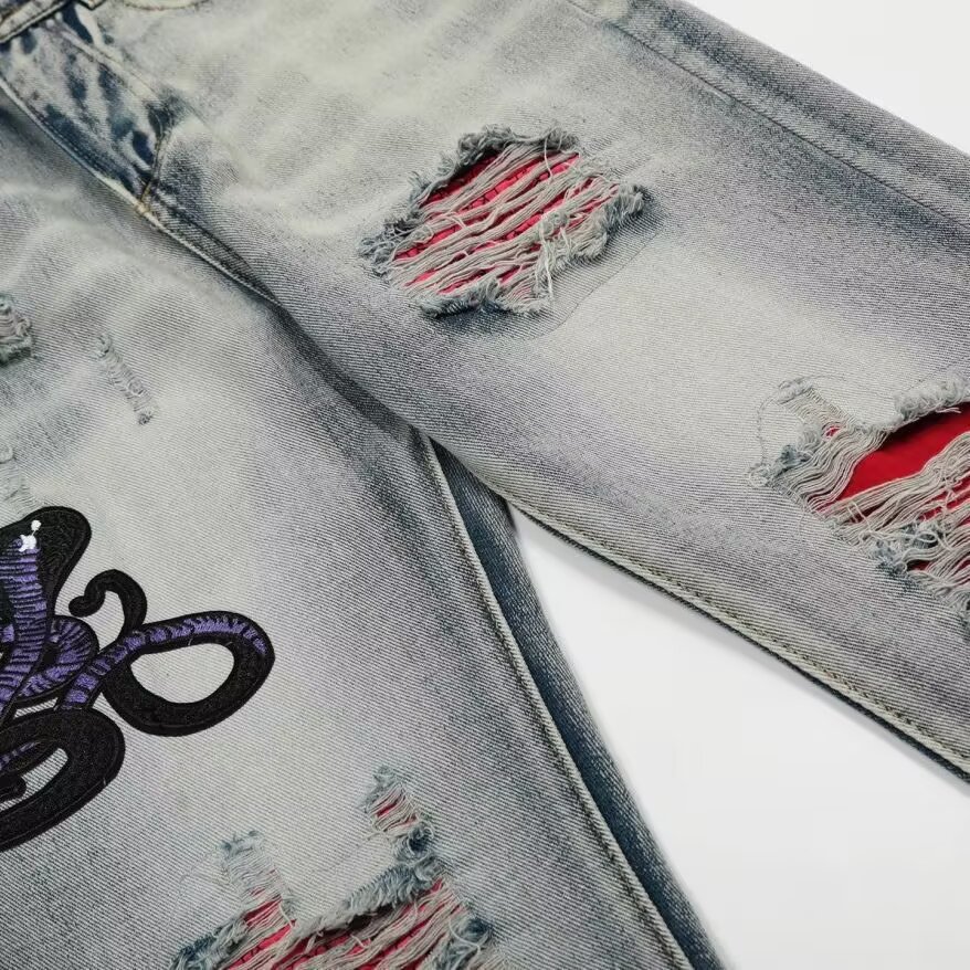 Embroidery Design Spring And Autumn New Trendy Letter Distressed Washed Cool Fashion Casual Straight Pants_mkmklike.com