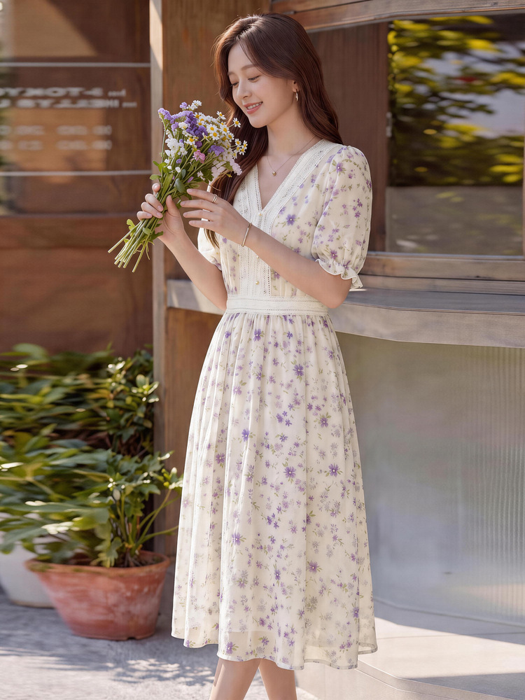 Đầm maxi nữ thắt eo tay ngắn cổ V in họa tiết dáng dài — màu be, màu trắng