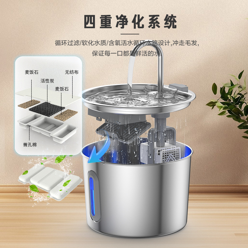 跨境2.2L圆型宠物智能饮水机器304不锈钢自动喂食器狗猫咪自动流|undefined