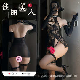 三生吟性感纯欲蕾丝旗袍情趣内衣侧边绑带透视睡裙激情套装2155