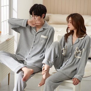 Couple's Pajamas Lapel Cardigan Long Sleeve Cotton Korean Style Cute Women's Plus Size Men's Autumn and Winter Home Wear Outer Wear