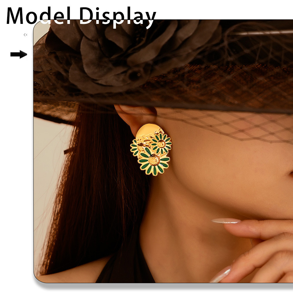 Boucles d'oreilles chrysanthème de style INS européen et américain Boucles d'oreilles goutte à goutte d'huile de marguerite en acier au titane Boucles d'oreilles rétro de tempérament pour femmes_voghion.com