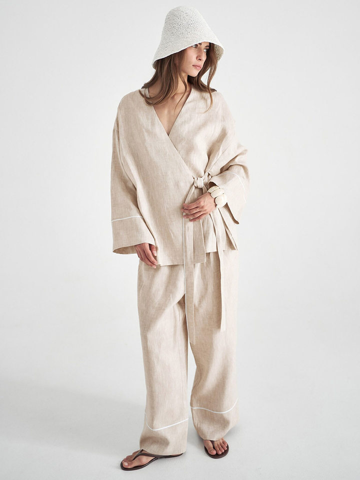 Bộ đầm hai món nữ áo cardigan cổ chữ V dài tay phối quần ống rộng — Màu be, Xanh lá cây, màu đen chi tiết 11