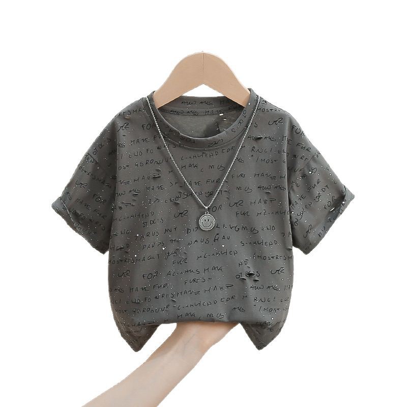 7831 Camiseta de manga corta para niños 2025 nuevo estilo estilo occidental letras de bebé media manga para niños tops de verano geniales y guapos