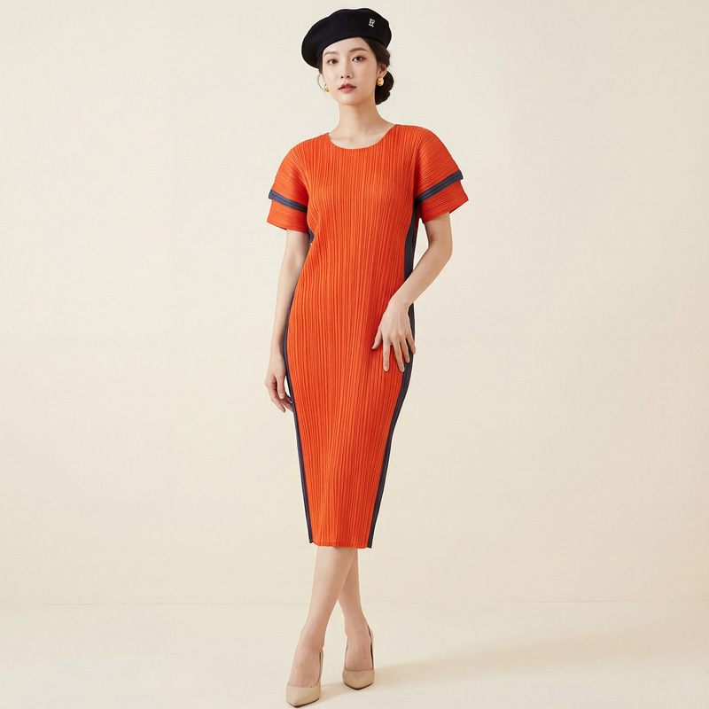 Miyake-Style Women's Mid-Length Dress, Summer High-End Loose Round-Neck Short-Sleeve Simple Versatile Commuter Dress Miyake-Style Women's Mid-Length Dress, Summer High-End Loose Round-Neck Short-Sleeve Simple Versatile Commuter Dress