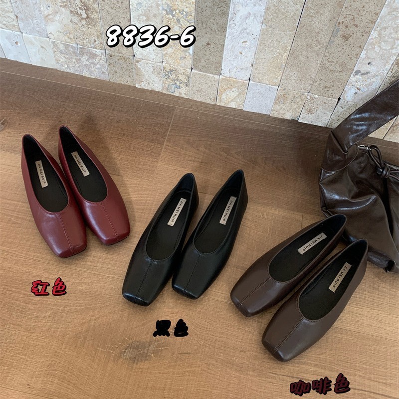 日系复古方头浅口平底单鞋女2025新款软皮一脚蹬奶奶鞋红色瓢鞋|undefined