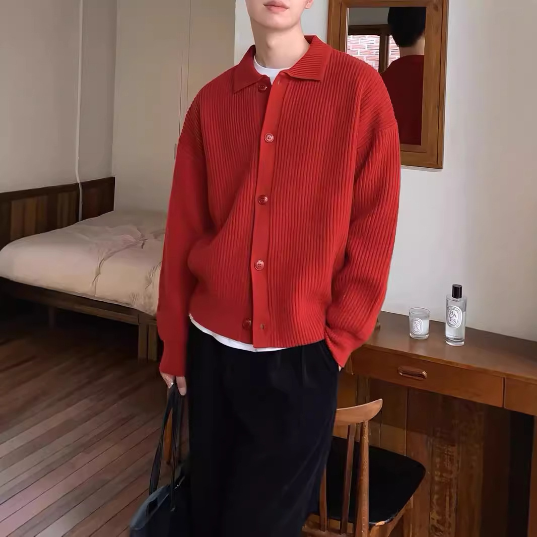 クラシックラペルカーディガンメンズニットセータールーズ韓国スタイルトレンディな多用途セータージャケットトップダブルブレストカーディガン