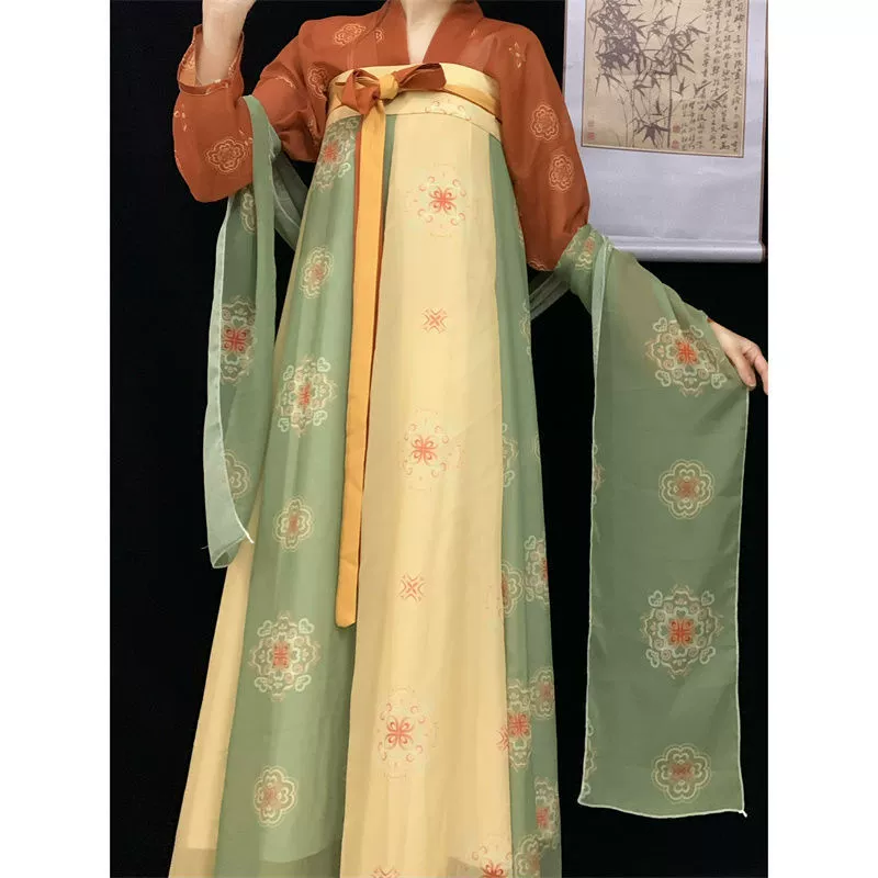 Кимо Hanfu платье (хань и Тан) стиль Тан, сукня с ruched на груди, длинна груди для весны/лета, принт