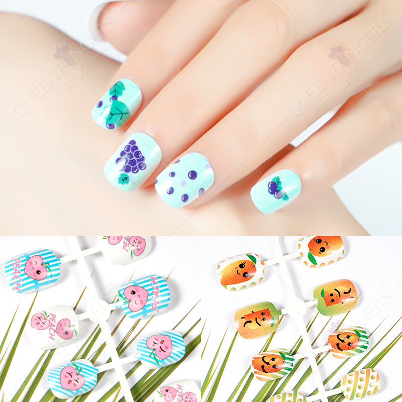 Procesamiento personalizado de manicuría de tira de uñas para niños verano de dibujos animados frutas parches de uñas falsas desmontables de uñas