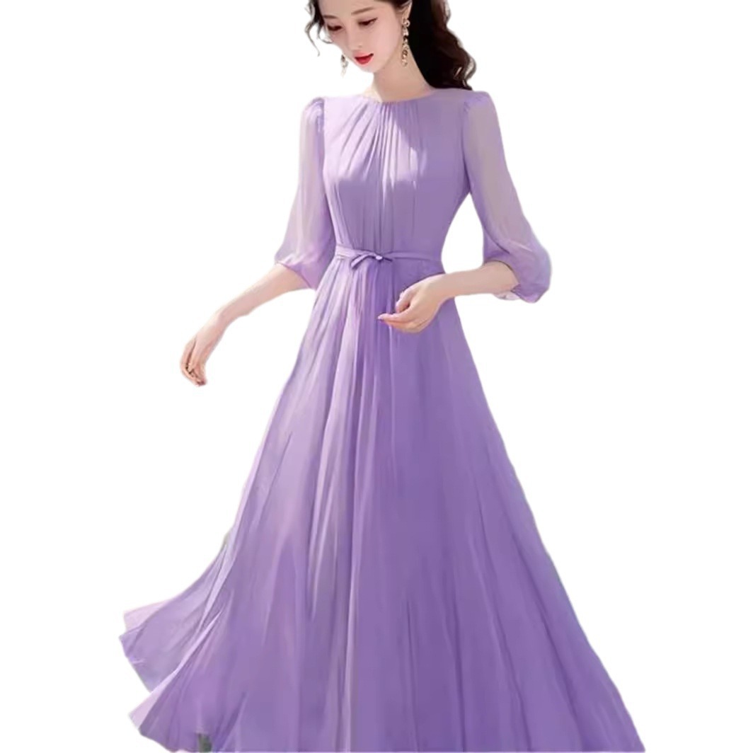 Váy liền voan tím phong cách Hepburn Pháp dáng dài thắt eo — Màu tím