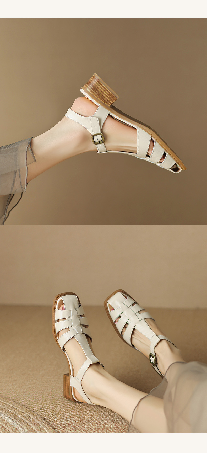 Sandal bít mũi dệt cổ điển nữ quai chữ T gót thấp da bò — Màu nâu đậm chi tiết 10