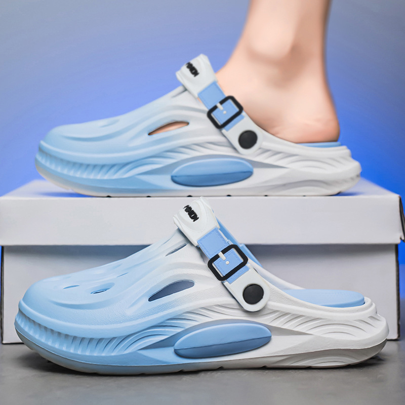 Sandalias deportivas para hombre, zapatos con agujeros de fondo suave antideslizantes y transpirables para uso exterior de verano, sandalias y zapatillas de playa desodorantes de color degradado para hombre