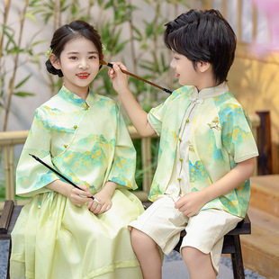 Children's Chinese Traditional Hanfu Performance Costume for Boys and Girls, Tang Suit Chinese Style Summer Spring Autumn Set for Kindergarten Chinese Style Performance