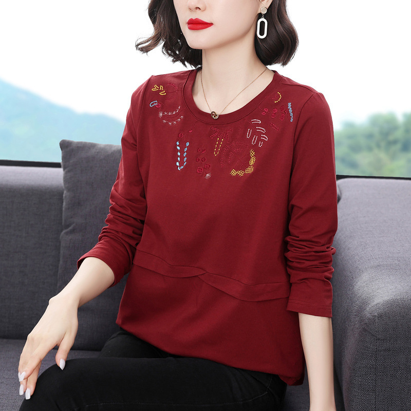 Ethnic Style Retro Floral Autumn Cotton Long-sleeved T-shirt Women's 2023 Loose Round Neck Top Casual T-shirt