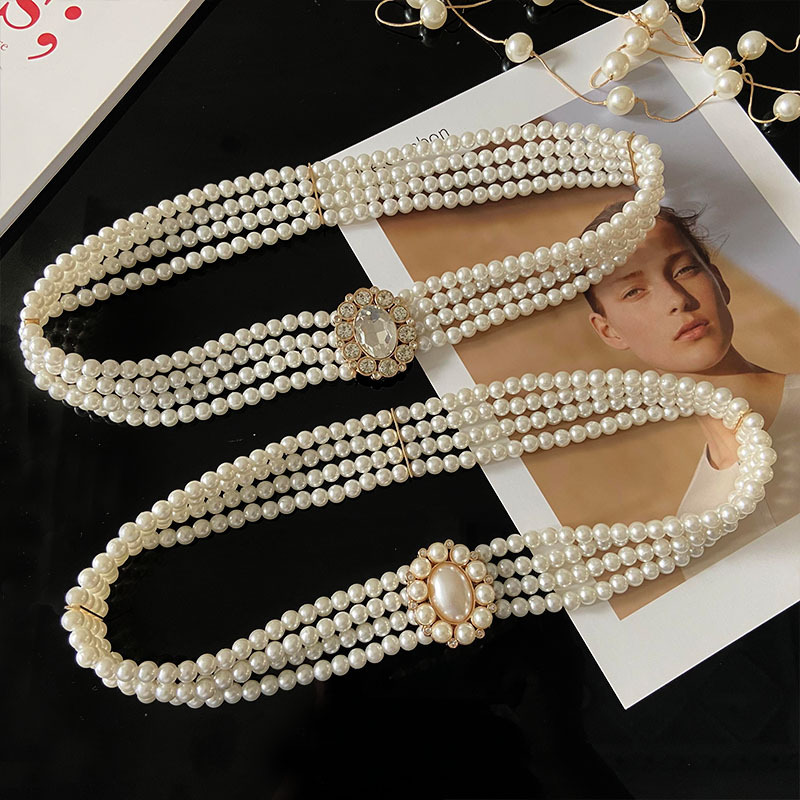 Wholesale Full Pearl Braided Rhinestone Inlaid Beaded Elastic Belt Nihaojewelry display picture 1