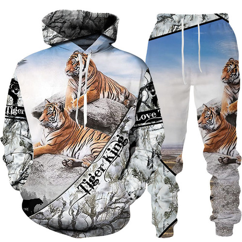 Bestselling Tiger 3D Digital Printing Hooded Sweatshirt Set for Spring and Autumn - Men's Sweatshirt Set