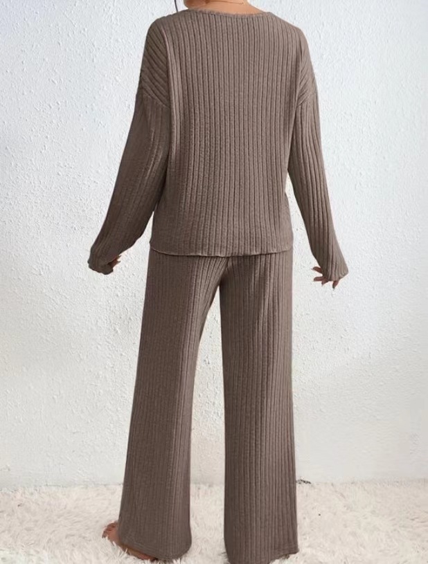 Women's Long Sleeve V-Neck Casual Lounge Set - Soft Brushed Striped Jogger Pants & Top (S-XXL, Autumn/Winter Collection)_voghion.com
