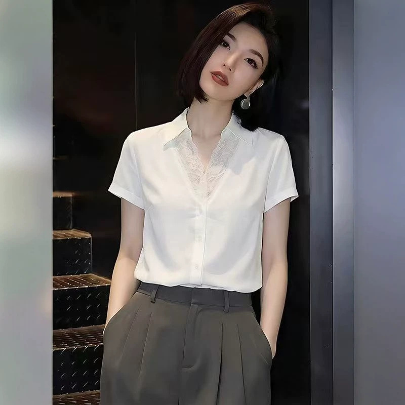 Áo sơ mi nữ ren ghép trắng cổ ve thiết kế dáng suông — trắng chi tiết 4