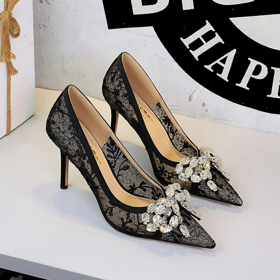1963-H19 European And American Style Sexy Party High-heeled For Women, Lace Mesh With Rhinestone Bow, Pointed Toe_vogvips.com