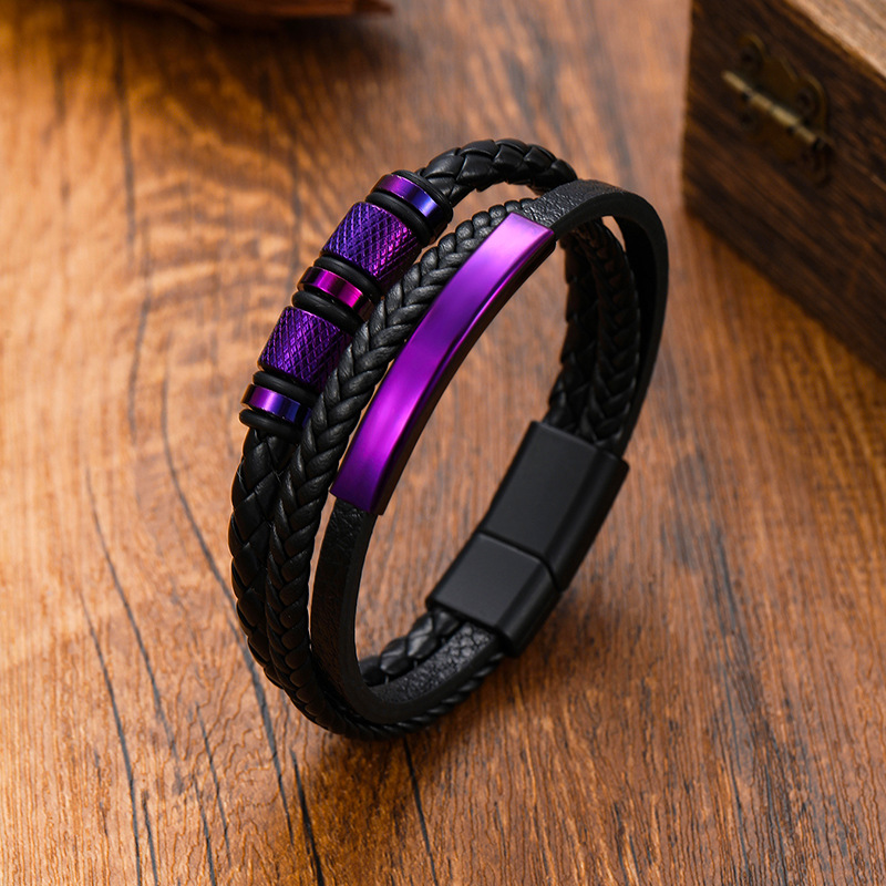 Cross-Border Edelstahl-Armband mit gebogener Gravur, mehrlagigem PU-Leder und Titanstahl-Verbund, gewebt, personalisierbar_voghion.com