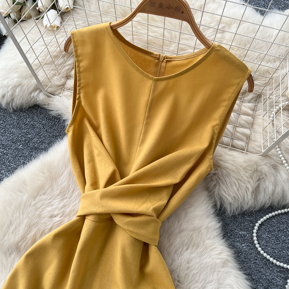 Elegant Sleeveless Round Neck Dress Style Summer Asymmetrical Long Dress With Scarf And Slit Sophisticated Tie Waist For Commuting_ecoleips.com