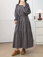 2025年秋装 日系森女系圆领宽松大版 系带女士长袖连衣裙批发潮