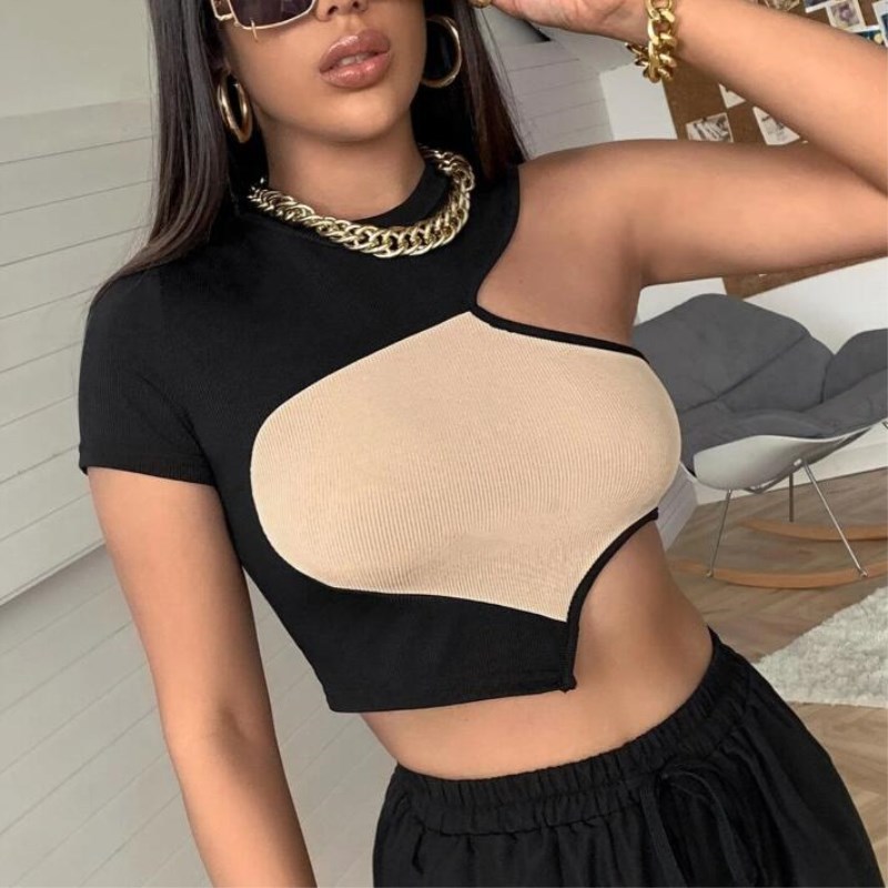 Skinny Fit Type Color Block Pattern Summer Season Wholesale Women'S Sexy Streetwear Color Block Short Sleeve Patchwork Contrast Binding T-Shirts
