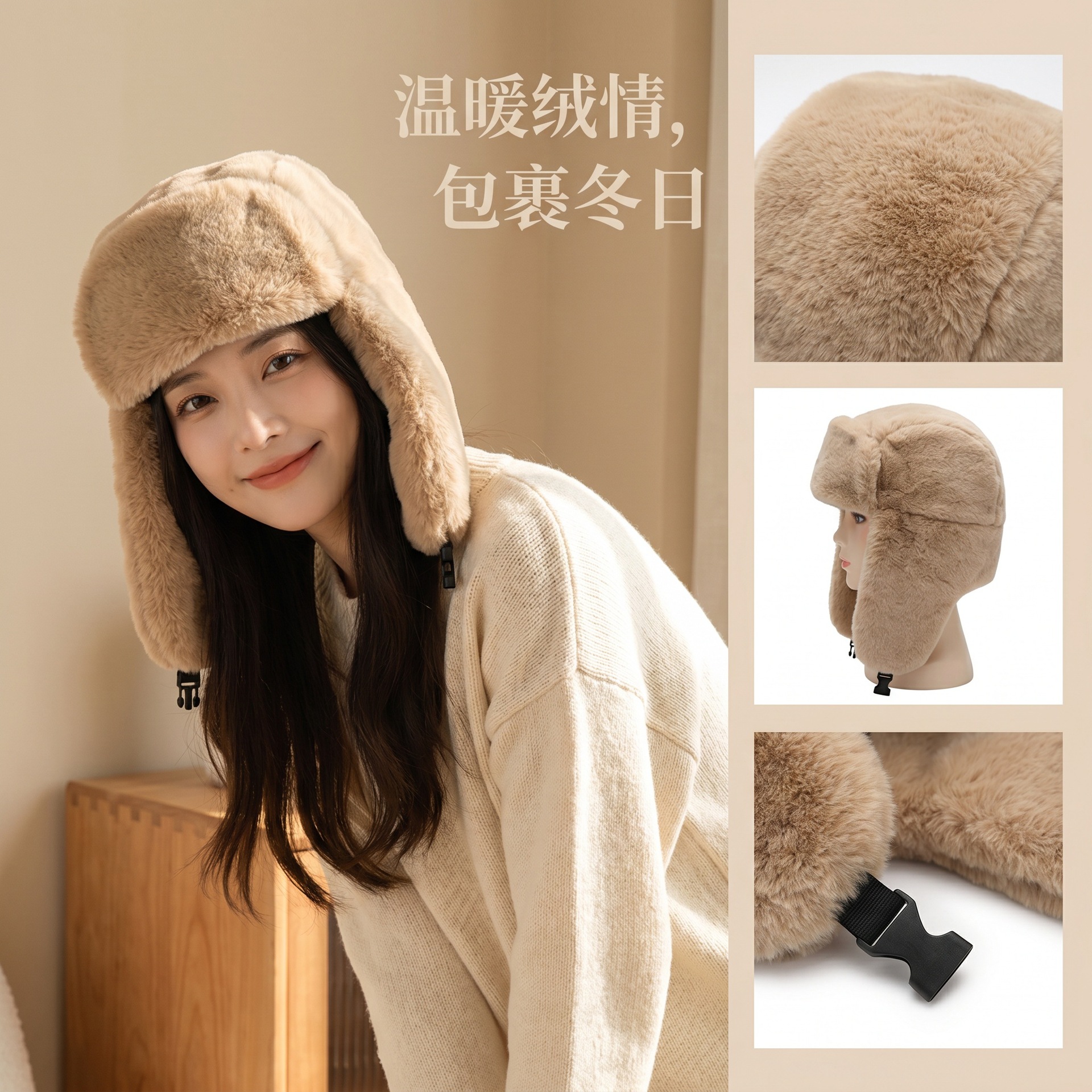 冬季新款毛绒雷锋帽女户外骑车保暖加绒防风防寒加厚护耳东北帽子