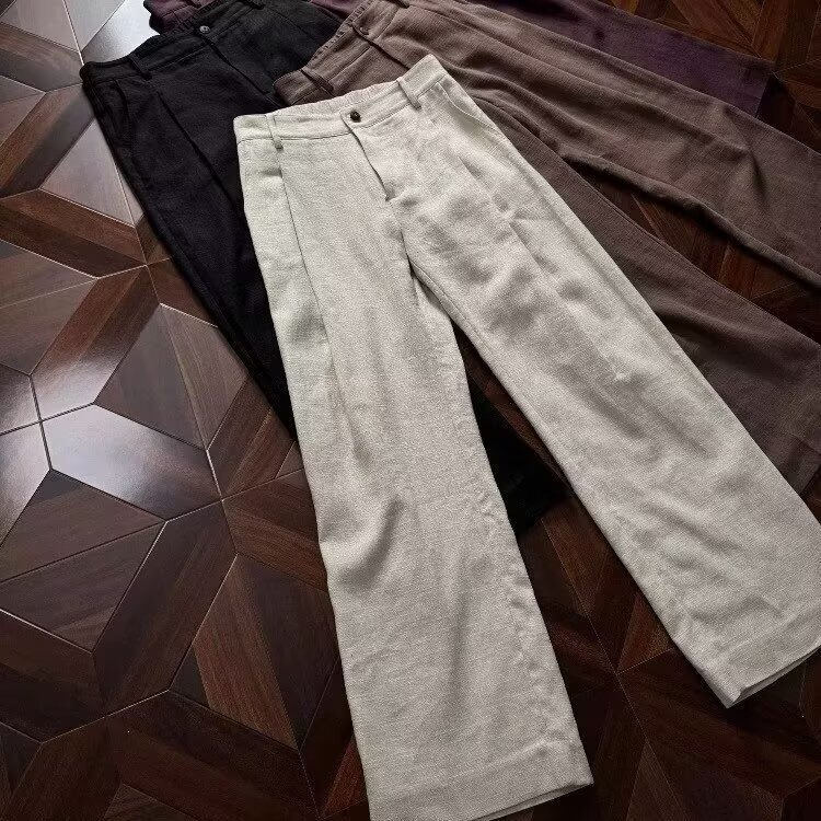 Old Money Style Linen Casual Pants for Men, Autumn Outfit, Slightly Flared Wide-Leg Trousers, Men's High-Waisted Straight Suit Pants
