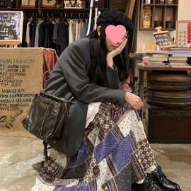 小众复古碎花拼接叠穿半身裙韩版新款古着松紧百搭字裙