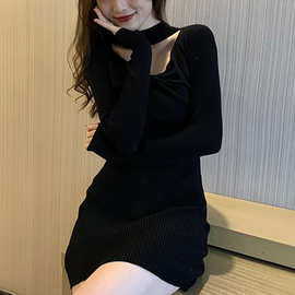 黑色镂空包臀短裙秋冬辣妹长袖复古气质性感打底紧身小黑裙子女潮