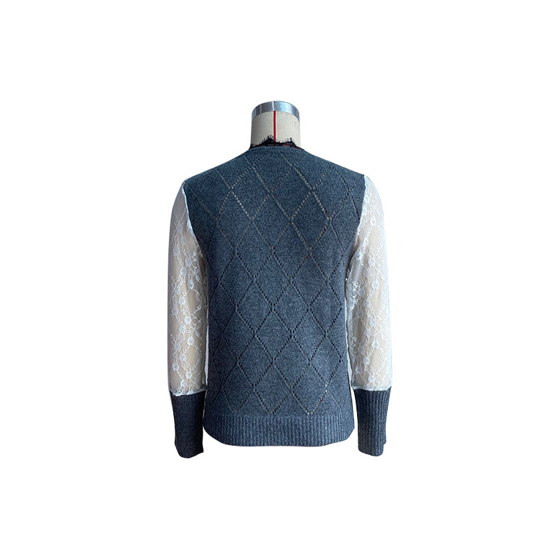 Maglione pullover con scollo a V e cuciture in pizzo tinta unita_voghion.com