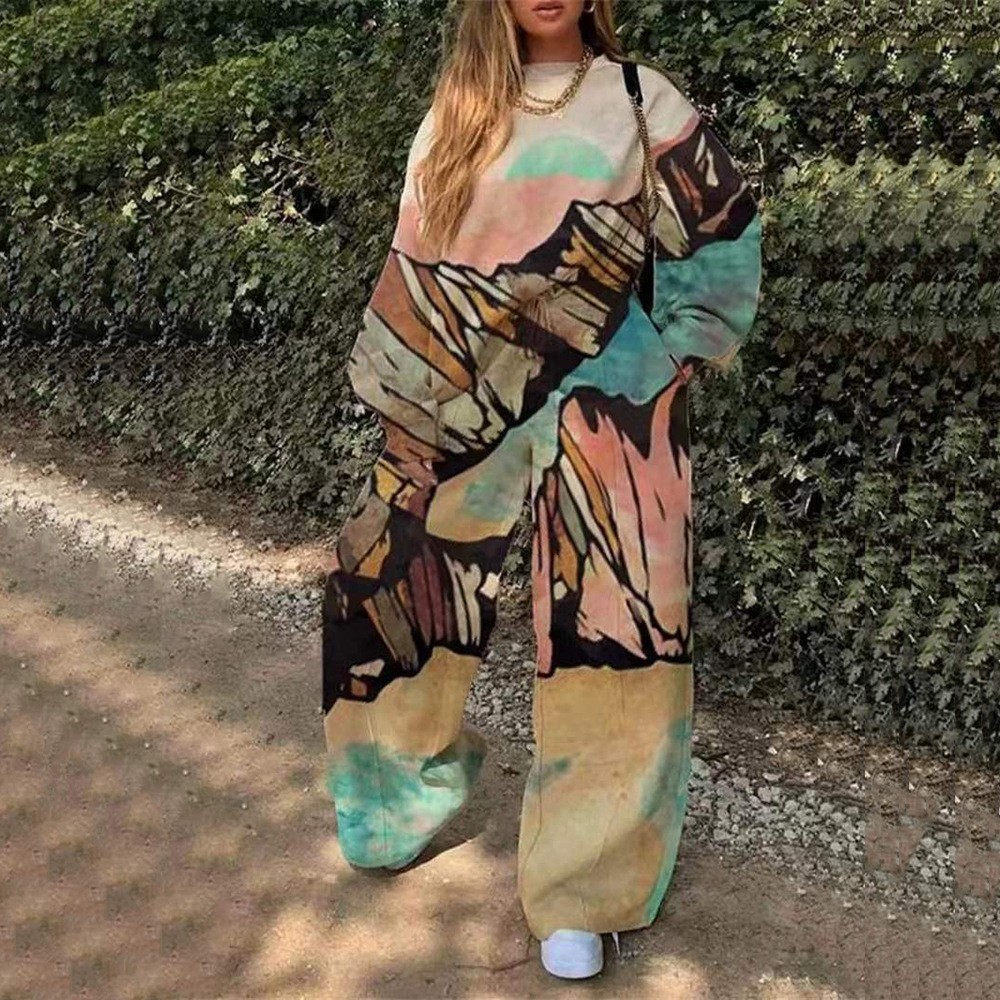 Conjunto de Sudadera Informal con Cuello Redondo y Estampado Holgado para Mujer, Estilo Europeo y Americano, Novedad de Comercio Exterior Transfronterizo para Otoño 2025