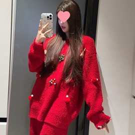 甜美圣诞新年半边绒红色睡衣女冬季新款针织长袖长裤家居服套装冬