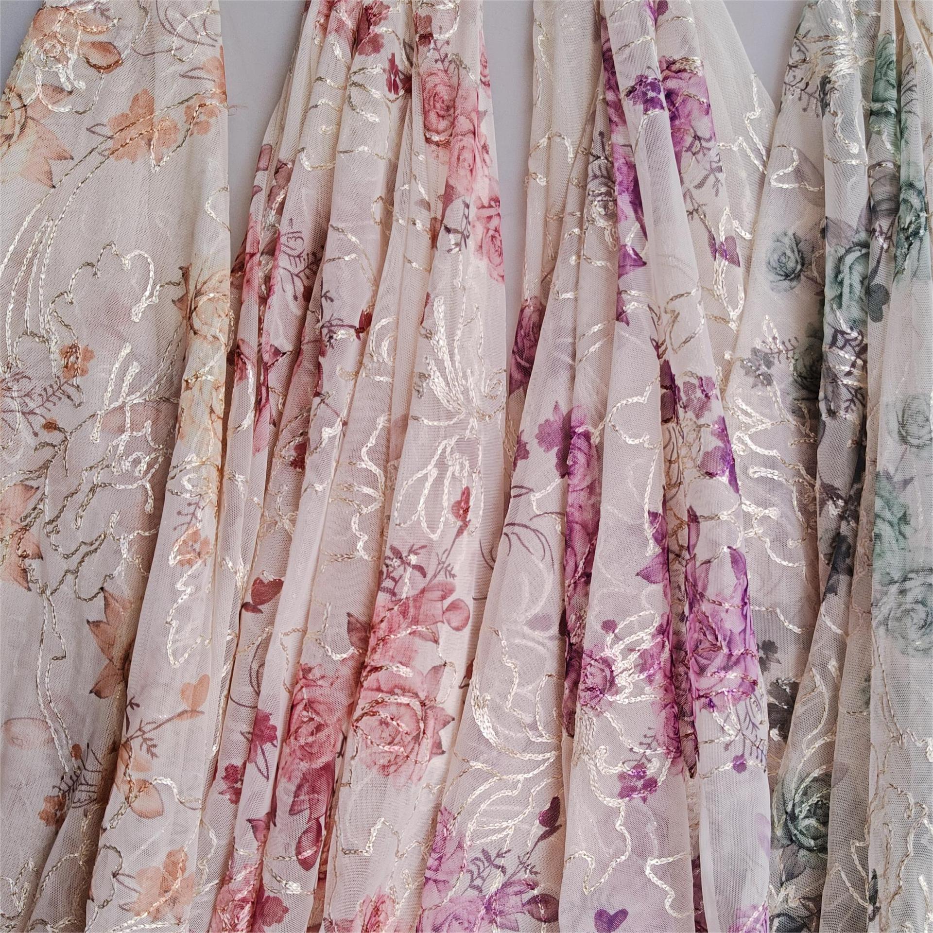 春夏新款~仙美款20涤氨弹力网金丝空心花刺绣数码印花 裙装等面料