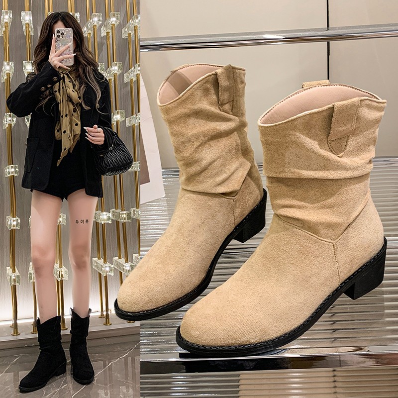 复古绒面尖头堆堆靴西部牛仔靴女2025新款瘦瘦靴不过膝粗跟骑士靴