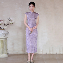 紫色无袖国风中式长款旗袍改良年轻款2025新款女复古修身礼服夏季