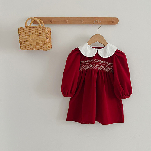 Girls' Dress with Doll Collar Red Baby Clothing for Girls Diaper Cover Triangular Climbing Suit Sister Set Spring and Autumn Style
