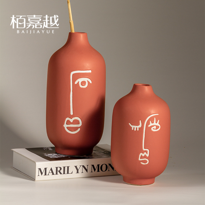 北欧手印抽象人脸陶瓷花瓶摆件个性现代家居设计师民宿软装装饰品
