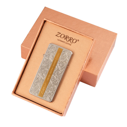 Zorro Kerosene Lighter Thin ZS5 Two-Color Model Grinding Wheel Gold Brushed Logo Creative Compact Men's Lighter