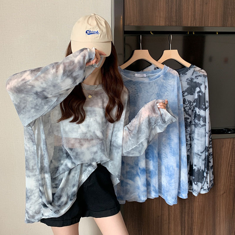 Tie-dyed Mesh Sunscreen Top Women's Summer Loose Ice Silk Thin Perspective Long Sleeve T-Shirt Women's Blouse Clothes Supply