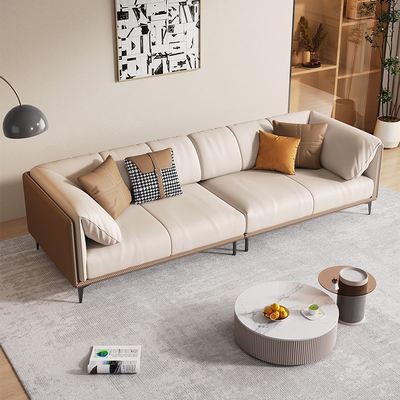 Italian-Style Light Luxury Genuine Leather Sofa for Living Room, Modern Minimalist Three-Seater Sofa, Small Apartment Straight-Row Sofa with Movable Chaise Longue
