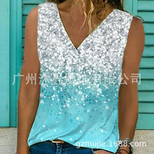 跨境2021夏欧美新款速卖通亚马逊wish水钻印花V领休闲小背心上衣