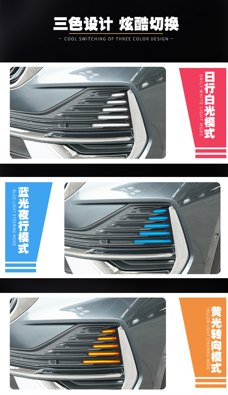 Suitable for Geely Xingyue L Daytime Running Lights, Modified Led Sequential Turn Signal Daytime Running Lights, 3-Color Decorative Fog Lights