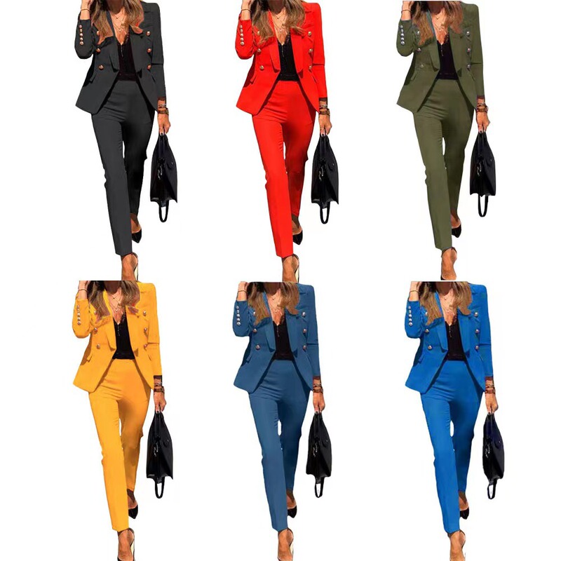 2023 Cross-Border Women's Clothing Amazon Spring and Autumn New Solid Color Fashion Workwear Two-Piece Suit Slimming