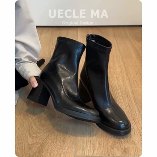 软羊皮~粗高跟厚底短靴女秋冬新品法式绝美弹力瘦瘦靴通勤马丁靴