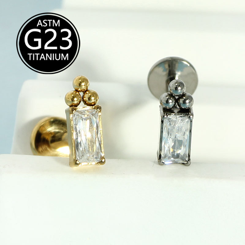 G23 Titanium Alloy F136 Internal Thread Inlaid Zircon Geometric Lip Stud Ear Cartilage Piercing Jewelry detail image 5