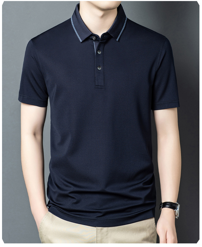 Áo polo nam tay ngắn cổ bẻ cao cấp chất lụa tơ tằm mềm mại — Màu xanh đậm W-81 chi tiết 8