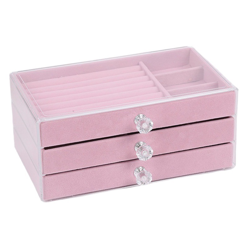 Joyero de acrílico con almacenamiento de tres niveles tipo cajón para anillos, accesorios para el cabello, pulseras y caja de terciopelo para guardar joyas.